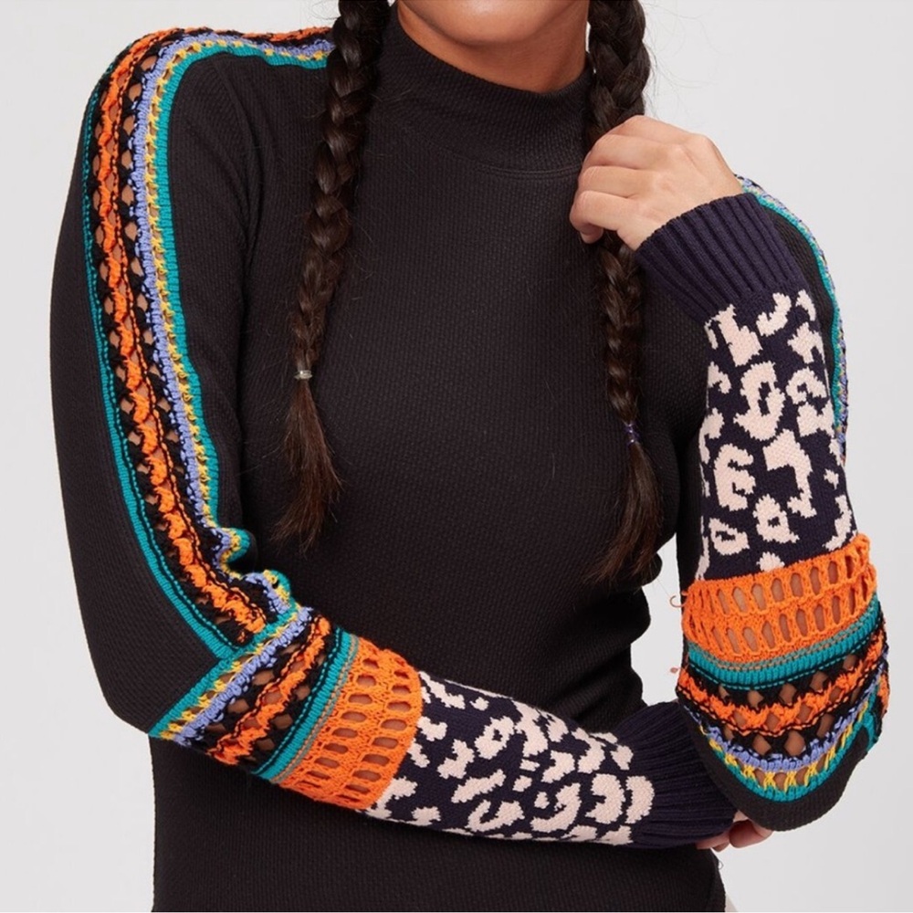 Free People Black Long Sleeve Sweater with Orange, Teal, Blue and Cream Accents
